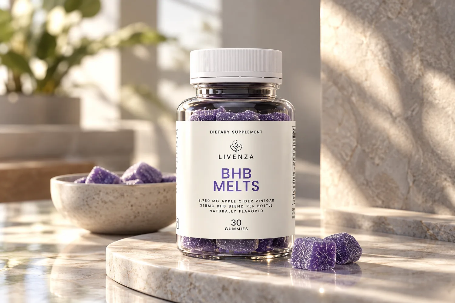 A bottle of gummies on a sunlit kitchen counter.